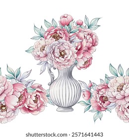 Delicate peonies bloom in soft hues, arranged gracefully in a classic vase, celebrating the charm of nature and artistry seamless pattern, ornament