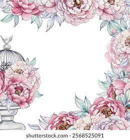 Delicate peonies in soft hues surround a charming birdcage, creating a serene and romantic atmosphere perfect for artistic endeavors template, background, frame