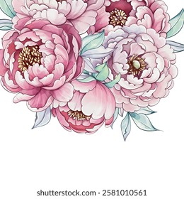 Delicate peonies in various shades of pink and white bloom gracefully among lush green leaves, creating a serene floral composition template, background