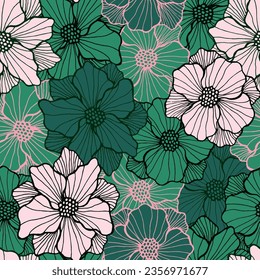 Delicados peones florecen un diseño interminable. Composición de ramo dibujada a mano. La gente florece con pétalos alineados. Impresión de tejido. Flor de campo de verano de muestra de raspado sin fisuras motivo de libro de recortes.
