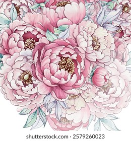 Delicate peony flowers bloom in a breathtaking watercolor arrangement, radiating pastel shades and evoking a serene ambiance that welcomes spring template, background