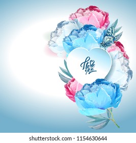Delicate peony flowers with a heart symbol. A declaration of love. Blue, pink, white.