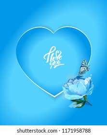 Delicate peony flowers with a heart symbol. A declaration of love. Hand drawing vector, not an auto-trace!