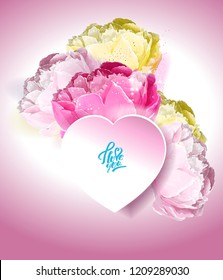 Delicate peony flowers with a heart symbol. A declaration of love. White, yellow, pink. Artistic drawing in vector, not autotrace.
