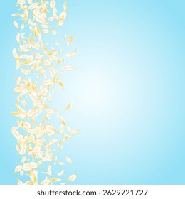 Delicate Petal Tender Vector Blue Background. Beige Falling Cherry Illustration. Light Flower Japanese Cover. Yellow Lotus Japan Banner. Beauty Sakura Texture.