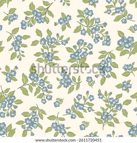 Delicate petite forget me not vector seamless pattern. Vintage ditsy flowers botanical print, perfect for cottagecore spring garden decor and traditional classic farmhouse textiles, timeless
