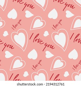 Delicate pink background with heart and text i love you, cute romatic red pink white seamless pattern