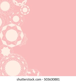 Delicate pink background. Mandala pattern. Greeting card template. Geometric Circle shapes. Crystal border.