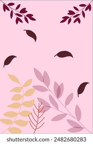 Delicado fondo rosa con siluetas de hojas rojas. Hojas de silueta. Estilo minimalista para póster, flyer, anuncios de moda, Anuncio de Sitio web, redes sociales, impresión. 