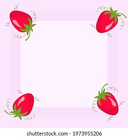 Delicate pink background with strawberries. Frame with place for text Beautiful floral background. Strawberry frame. Berry vector illustration