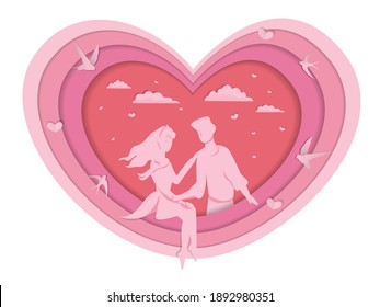 Delicate pink background for Valentine's Day. Loving couple in heart background for web banner postcards with birds and hearts. Vector illustration