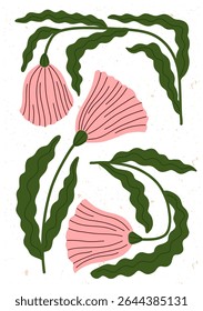Delicate pink bell flowers with wavy green leaves in a whimsical hand drawn style. A soft and minimal floral design for creative projects and decor.