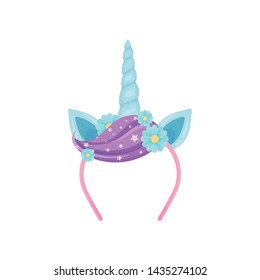 Delicate pink bezel with a blue unicorn horn, ears and a purple strand of hair. Vector illustration on white background.