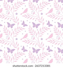 Delicate Pink Birds, Purple Butterflies, and Floral Foliage Seamless Pattern