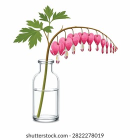 Delicate pink bleeding heart flowers arranged in a simple glass vase