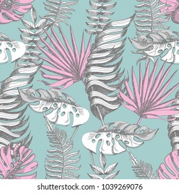 Delicate pink and blue seamless pattern with graphic tropical flowers.