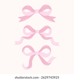 Delicate pink bows in vector style. Three decorative bows with voluminous ribbons on a light background. Suitable for design, greeting cards, and gift wrapping.