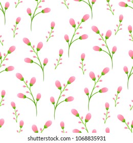 Delicate pink buds on the stem, pink flowers seamless pattern, floral vector background. Unblown spring flowers on a branch on white background. For fabric design, wallpapers, wrappers, decorating
