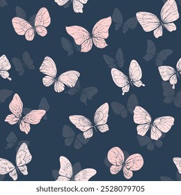 Delicadas mariposas rosadas volando con alas en forma de inversión de silueta con patrones. Arte gráfico de línea dibujado a mano. Vector sin patrón sobre un fondo azul oscuro.