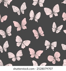 Delicadas mariposas rosadas volando con alas en forma de inversión de silueta con patrones. Arte gráfico de línea dibujado a mano. Vector sin patrón sobre un fondo gris.