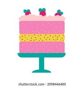 Delicate pink cake. With butter cream, garnished with ripe strawberries. Sweet dessert for birthday, party. Sweet pastries. Vector.