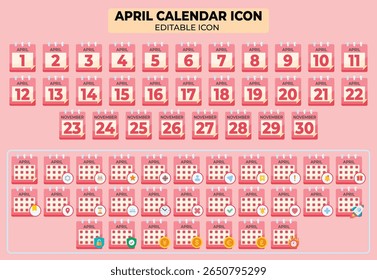Delicate pink calendar icon set for April showcasing dates and event reminders, suitable for