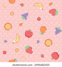 
Delicate pink candy colors pattern with fruits, apple, orange, grape, banana and strawberry