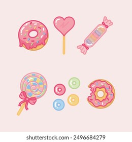 Delicate pink candy colors pattern with sweets, popsicles, candies, donuts, heart, sugar