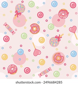 Delicate pink candy colors pattern with sweets, popsicles, candies, donuts, heart, sugar