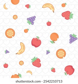 Delicate pink candy colors pattern with fruits, apple, orange, grape, banana and strawberry