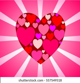 Delicate pink card with a big red heart of many small in the center against a background of light rays in a pop art style.