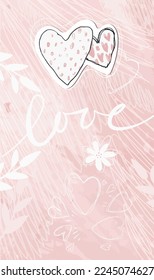 Delicate pink card for stories, Love and two hearts, a beautiful blank with a place for text for Valentine s Day, a cosmetics store, a beauty spa salon. Vector illustration.