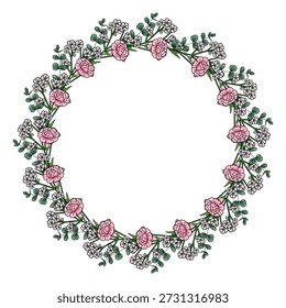 Delicado cravo rosa e eucalipto floral grinalda ilustração vetorial