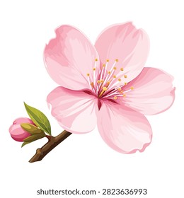 Delicate pink cherry blossom flower with unopened bud on stem