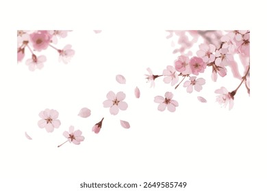 Delicate Pink Cherry Blossoms: Falling Petals on Branch for Spring Background Design