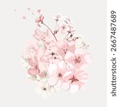 Delicate pink cherry blossoms in full bloom. Cherry blossoms with soft petals. Elegant cherry blossoms creating a serene, floral ambiance. Cherry blossoms in gentle hues. Vintage botanical vector.