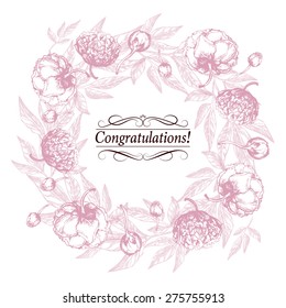 The delicate pink composition of flowers arranged in a shape of the wreath perfect for invitations, congratulation, birthday and wedding cards 