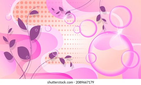 Delicate pink coral wallpaper with bubbles and plant elements. A beautiful illustration for interior decoration, corporate designs, blogs, postcards, posters and your other projects. Vector. 