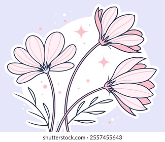 Delicate pink cosmos flowers, line art style. Perfect for spring designs, feminine branding, or adding a touch of elegance.  High-resolution, vector graphic for seamless scaling.