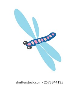 A delicate pink dragonfly with bright blue wings in flight. Whimsical and serene illustration capturing garden charm and vibrant summer vibes.