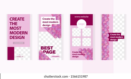 Delicate pink fish scales set templates for design of social networks, story and print with windows for images. Modern style in the form of beautiful pink waves. Mermaid style.
