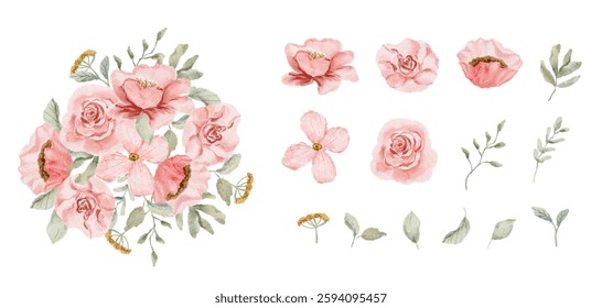 delicate pink floral bouquet and individual element watercolor collection