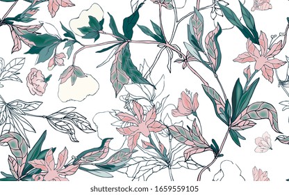 Delicate pink floral ornament of branches, leaves and inflorescences on a white background. Seamless pattern. Vector hand-drawn illustration.
