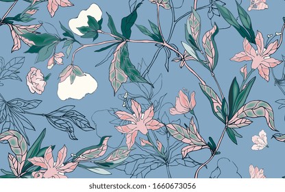 Delicate pink floral ornament of branches, leaves and inflorescences on a light blue background. Seamless pattern. Vector hand-drawn illustration.
