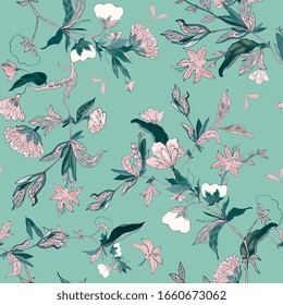 Delicate pink floral ornament of branches, leaves and inflorescences on a seafoam light blue background. Seamless pattern. Vector hand-drawn illustration.

