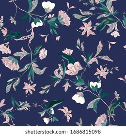 Delicate pink floral ornament of branches, leaves and inflorescences on a blue background. Seamless pattern. Vector hand-drawn illustration.
