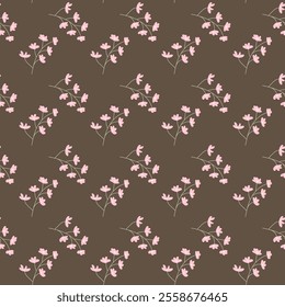 Delicate pink floral pattern on brown background.