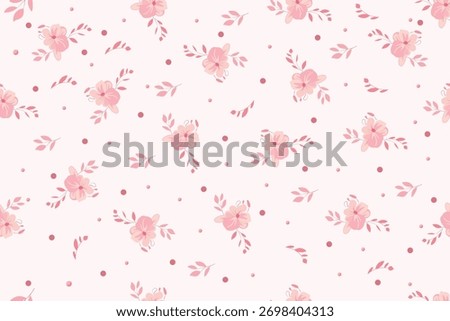 Delicate pink floral seamless pattern with small flowers and leaves isolated on white background, a gentle and romantic design