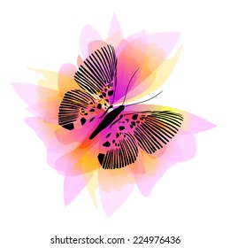 Delicate pink flower with black butterfly. Vector
