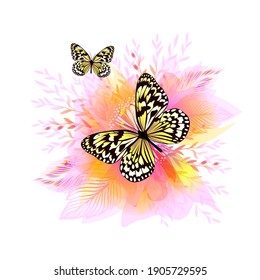 Flor rosa delgada con mariposa. Ilustración del vector